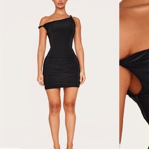 PLT PETITE BLACK DOUBLE SLINKY ASYMMETRIC NECKLINE TWIST DETAIL MINI DRESS